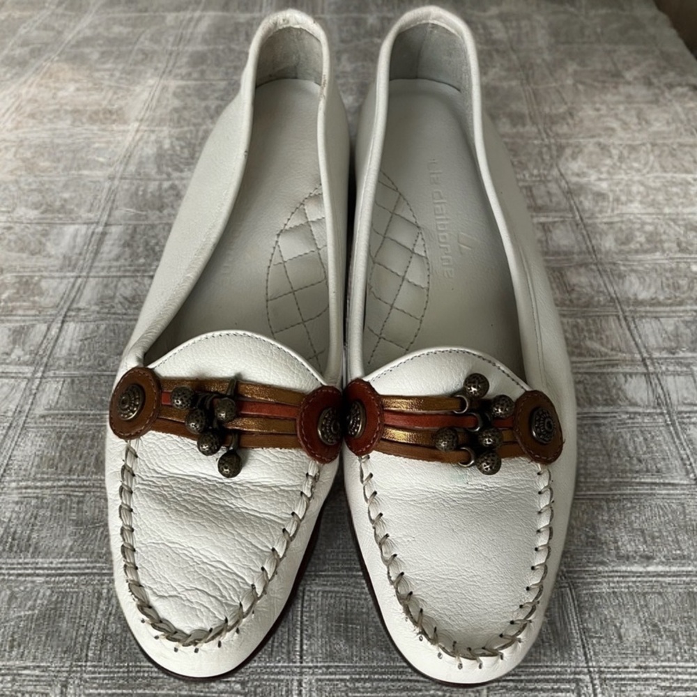 Vintage Liz Preppy Artsy Boho Size 7 White Leather Slip On Comfy Office Loafers - Picture 2 of 9